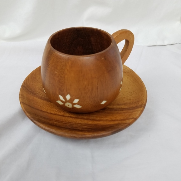 Genuine Monkey Pod  Cup & Saucer W/ Inlay Design - Picture 1 of 5